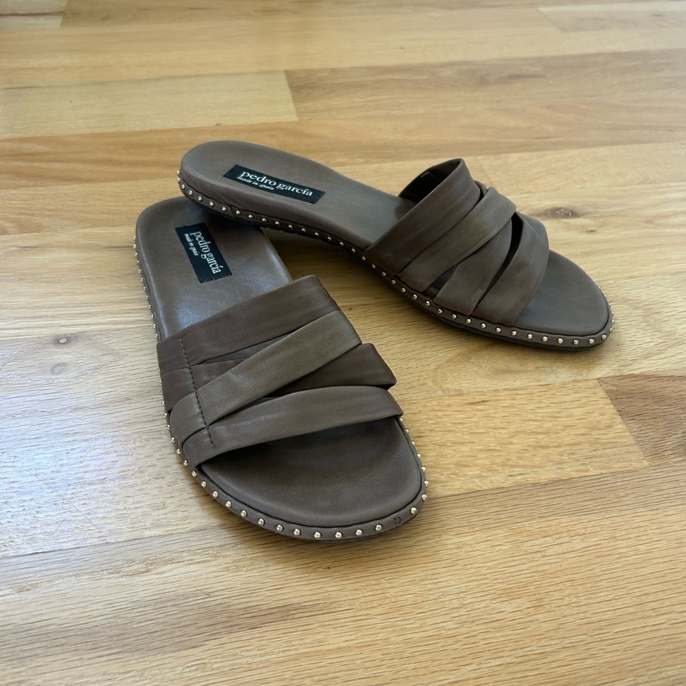 PEDRO GARCIA Taupe/ Brown Studded Slides Sandals